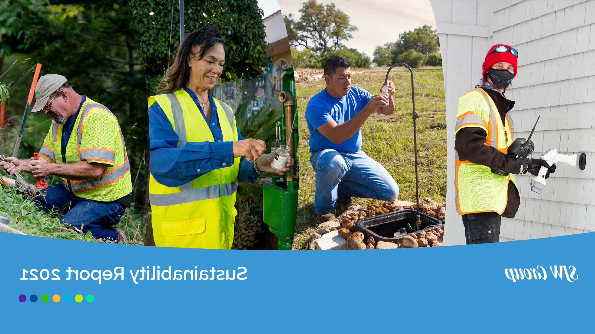 Cover image of Sustainability Report with 4 images of employees at SJW Group